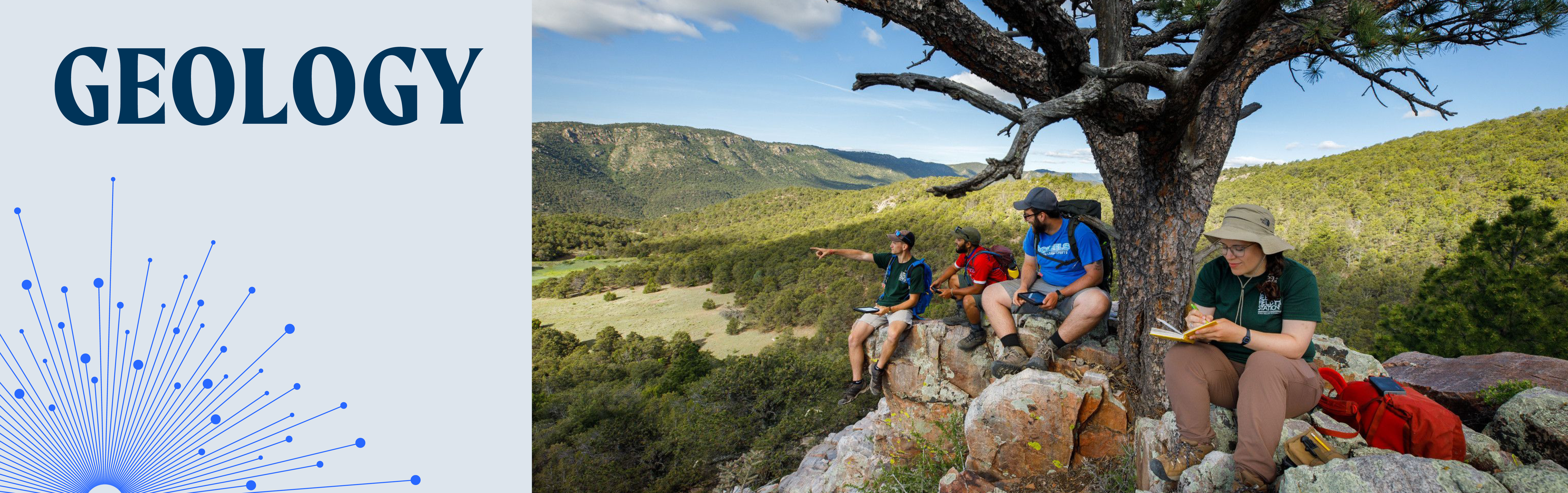 Geology, 4 persons sitting beneath tree overlooking landscape.